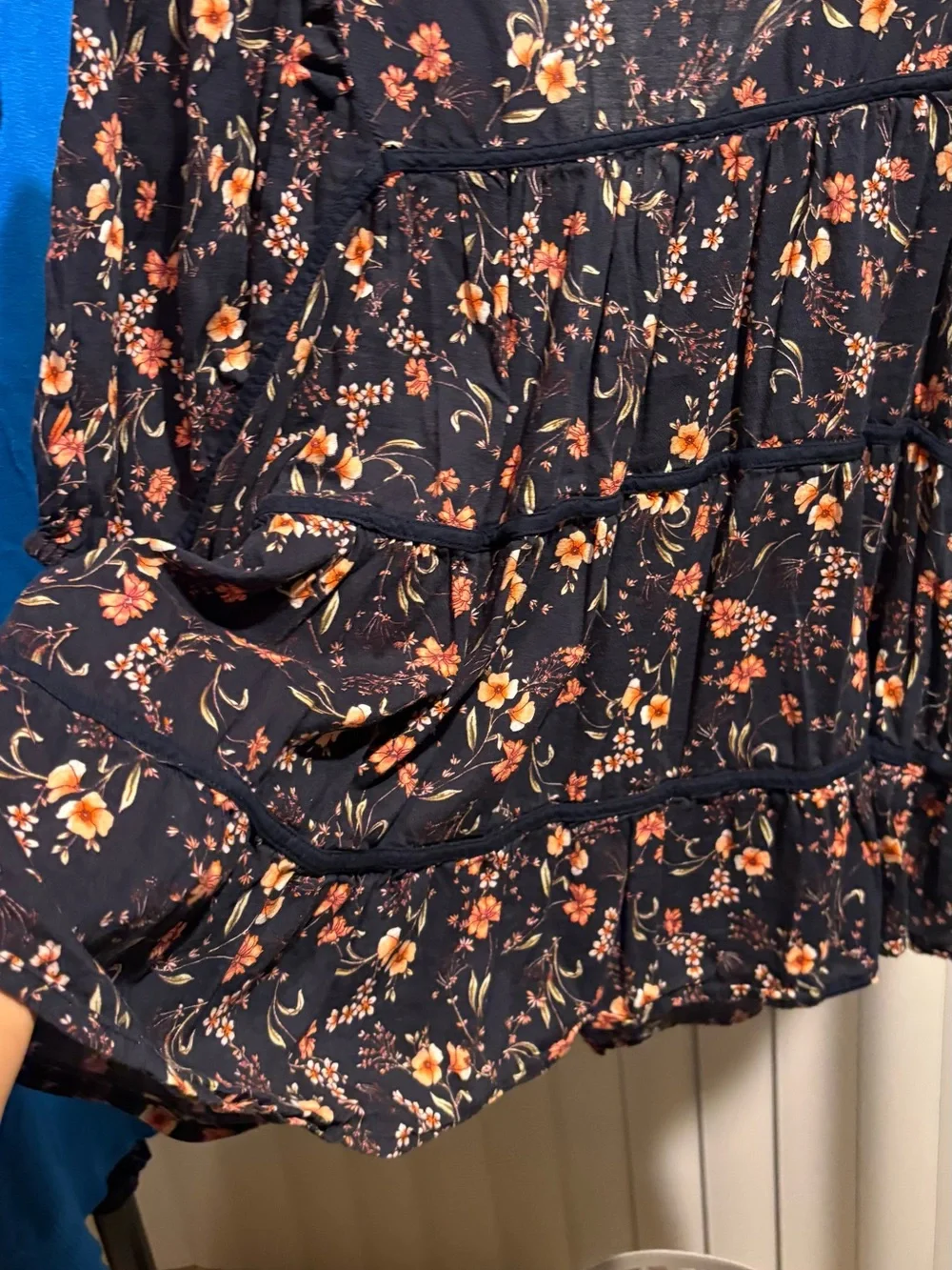 Old Navy Black Floral Puff-Sleeve Blouse with Peach Blooms